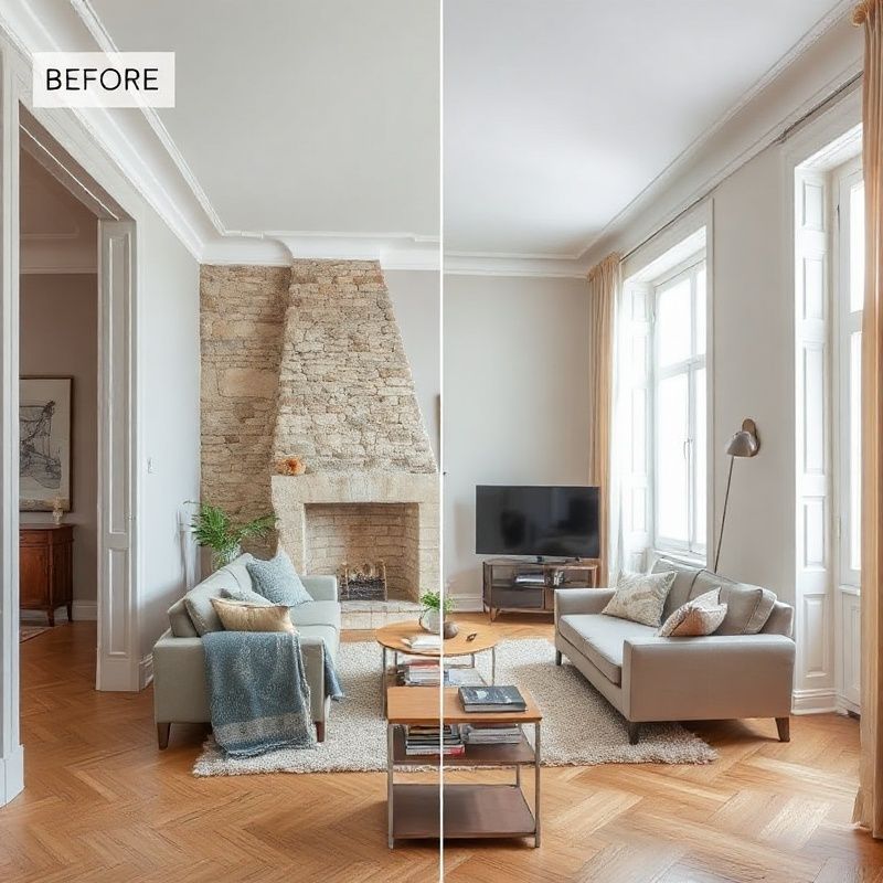 Salon haussmannien rénové avec mur en pierre préservé