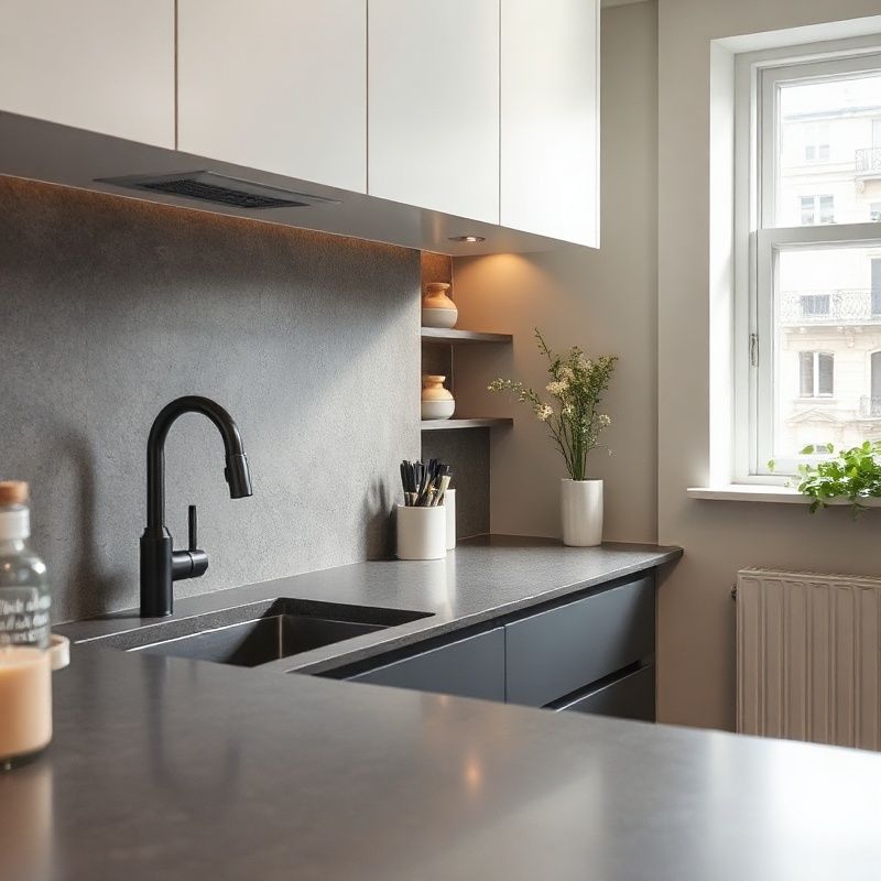 Détail d'une cuisine d'appartement aux tons ardoise, plan de travail en pierre mate