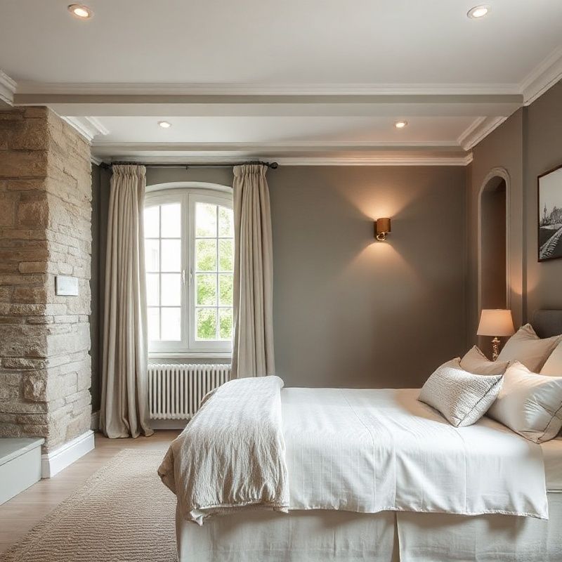Chambre d'appartement rénovée aux teintes ardoise et crème