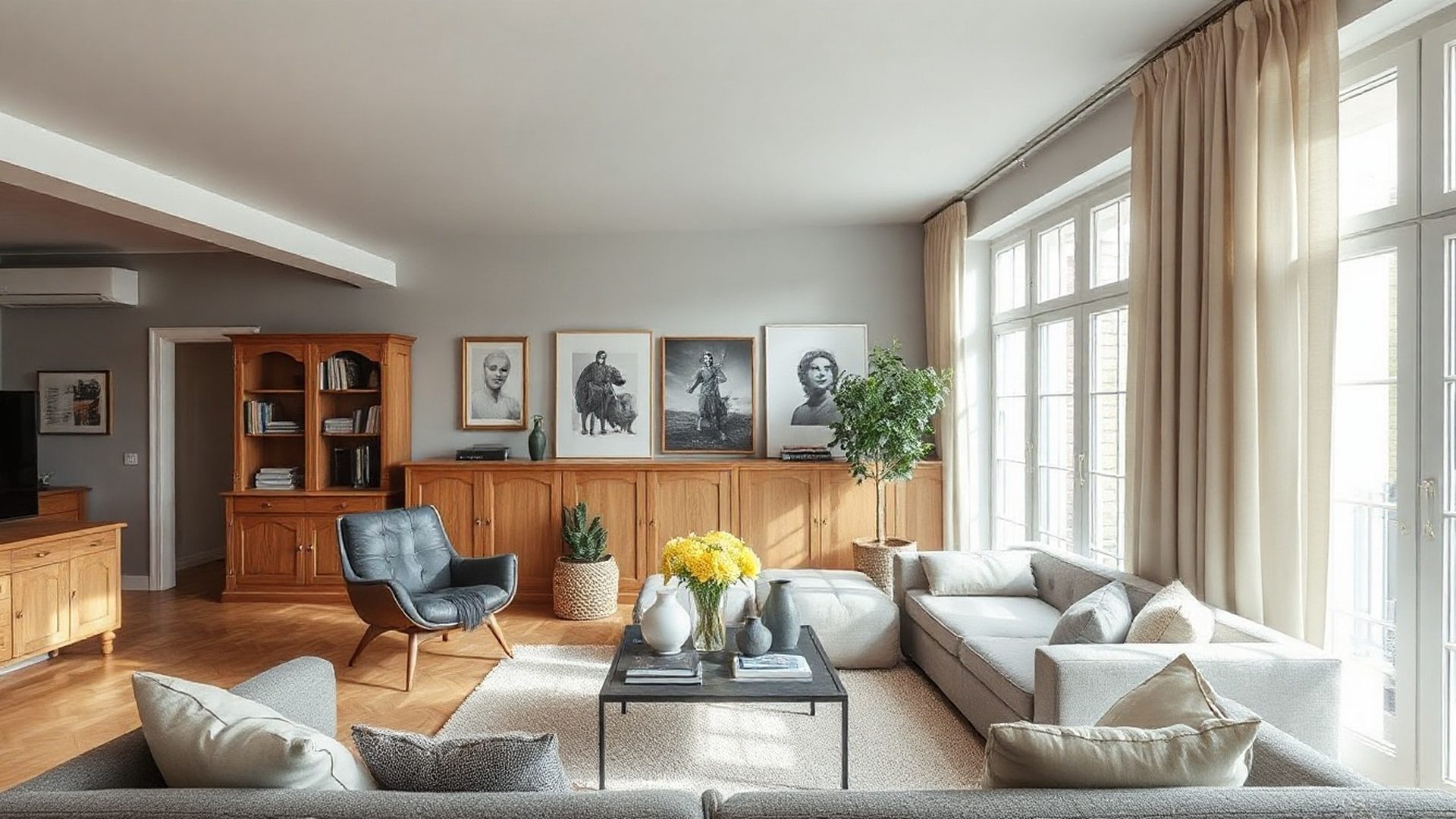 Salon d'un appartement strasbourgeois rénové aux teintes ardoise et chêne naturel